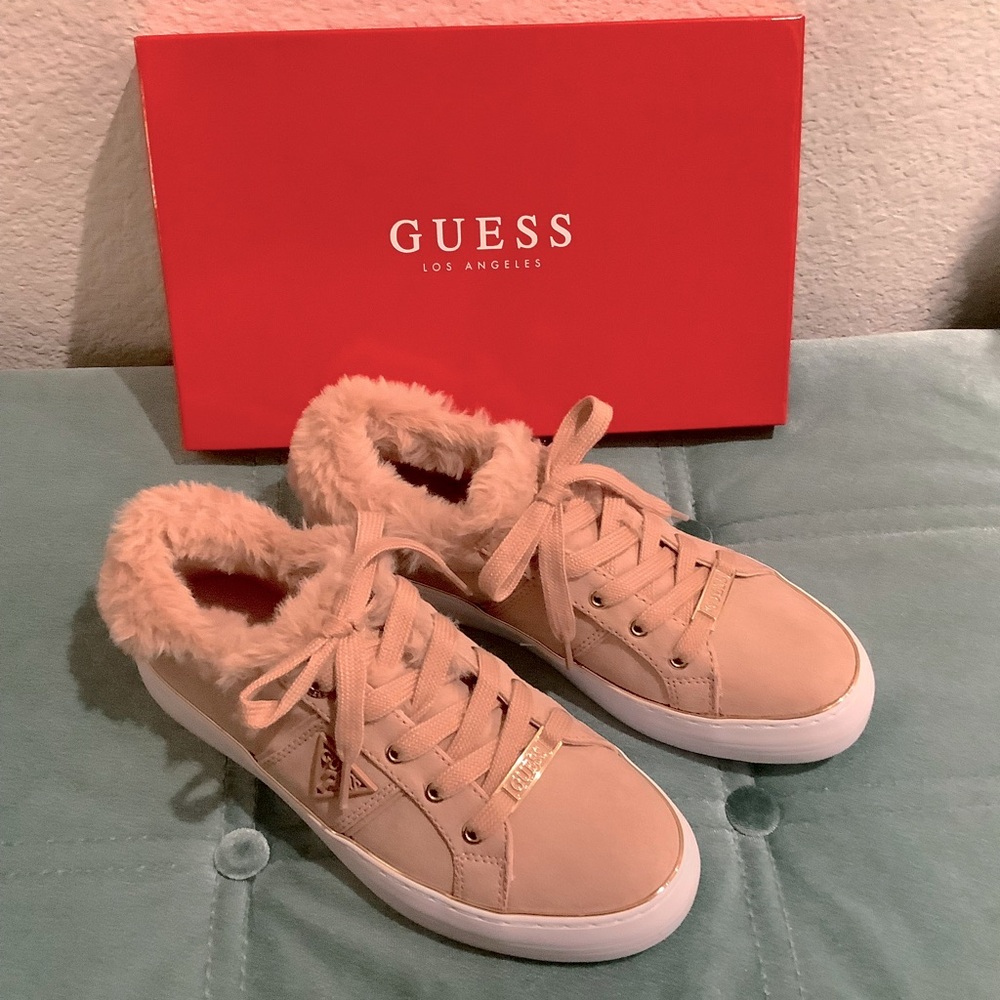 NEW! GUESS soft rose gold faux fur dress tennis shoes sz 7.5